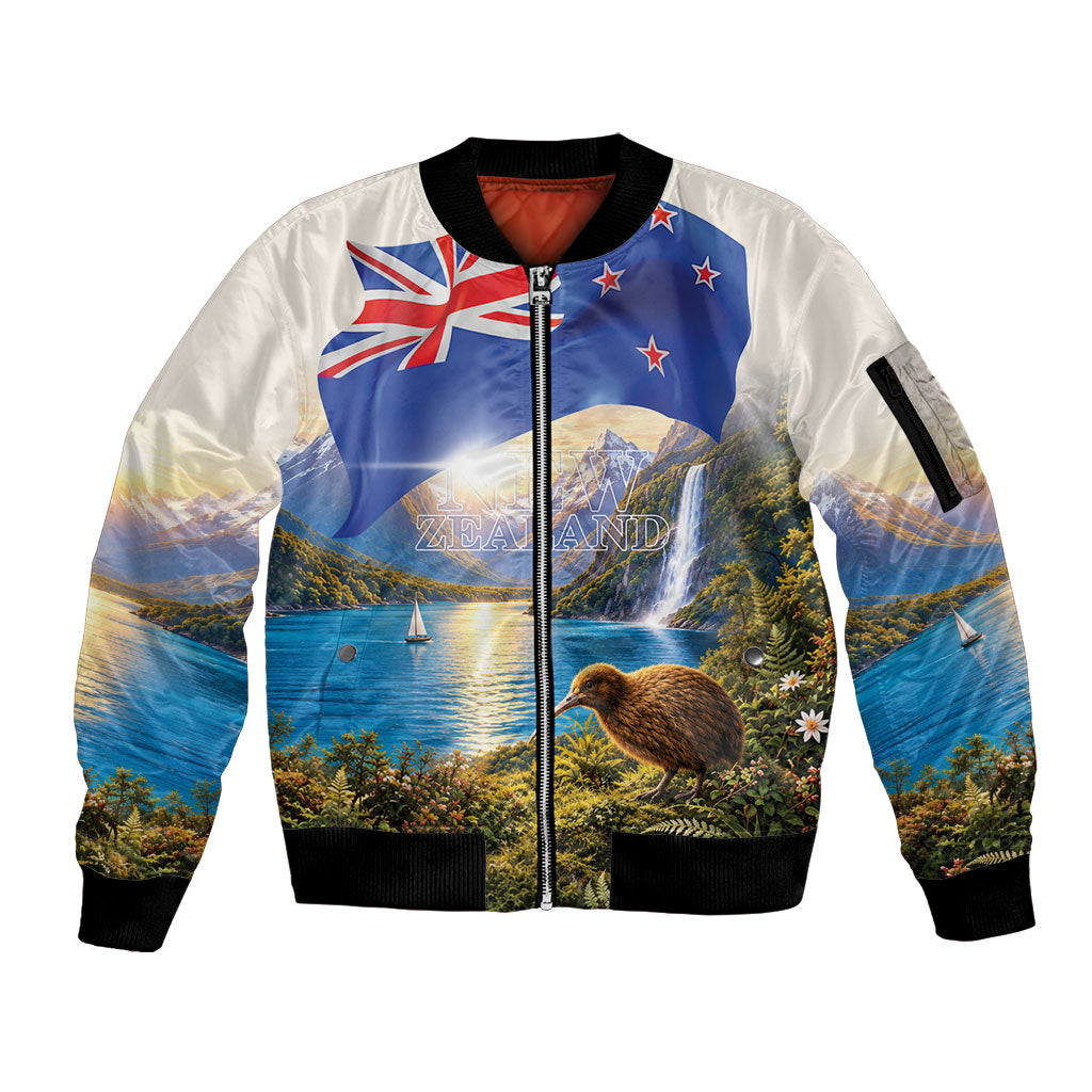 New Zealand Flag Sleeve Zip Bomber Jacket Scenic Nature LT05 Unisex Multicolor - Polynesian Pride