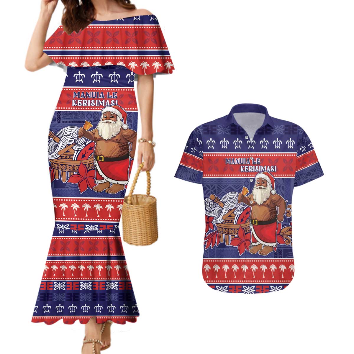 Samoa Christmas Couples Matching Mermaid Dress and Hawaiian Shirt Samoan Santa Claus Manuia Le Kerisimasi