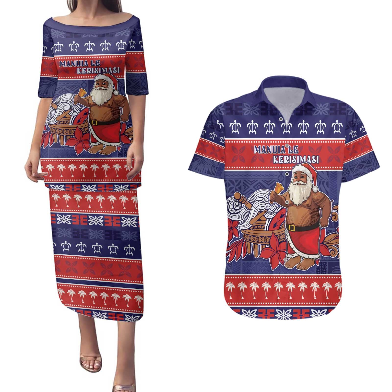 Samoa Christmas Couples Matching Puletasi and Hawaiian Shirt Samoan Santa Claus Manuia Le Kerisimasi