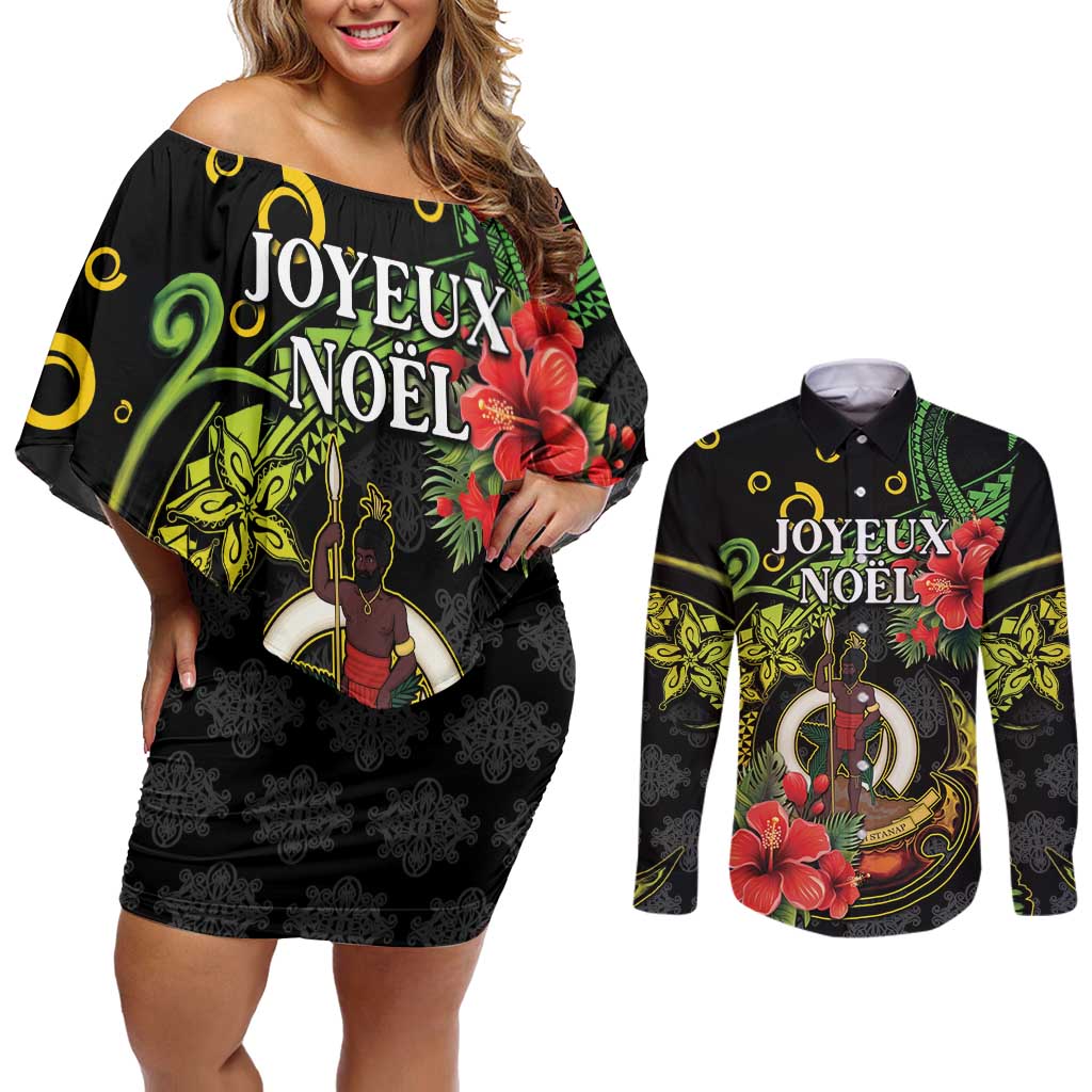 Love Vanuatu Christmas Couples Matching Off Shoulder Short Dress and Long Sleeve Button Shirt God Yumi Polynesian Tribal Pattern LT05 Black - Polynesian Pride
