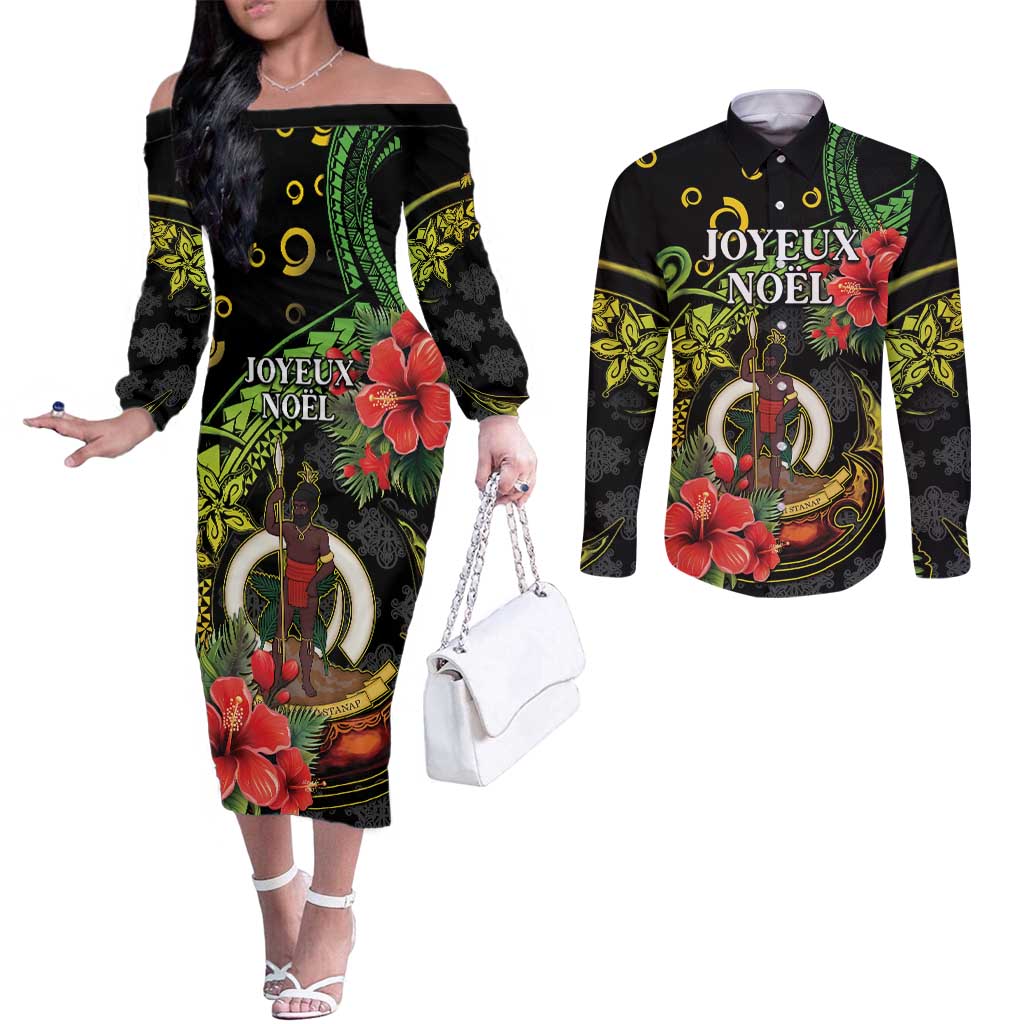 Love Vanuatu Christmas Couples Matching Off The Shoulder Long Sleeve Dress and Long Sleeve Button Shirt God Yumi Polynesian Tribal Pattern LT05 Black - Polynesian Pride