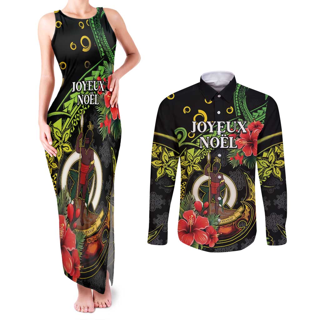 Love Vanuatu Christmas Couples Matching Tank Maxi Dress and Long Sleeve Button Shirt God Yumi Polynesian Tribal Pattern