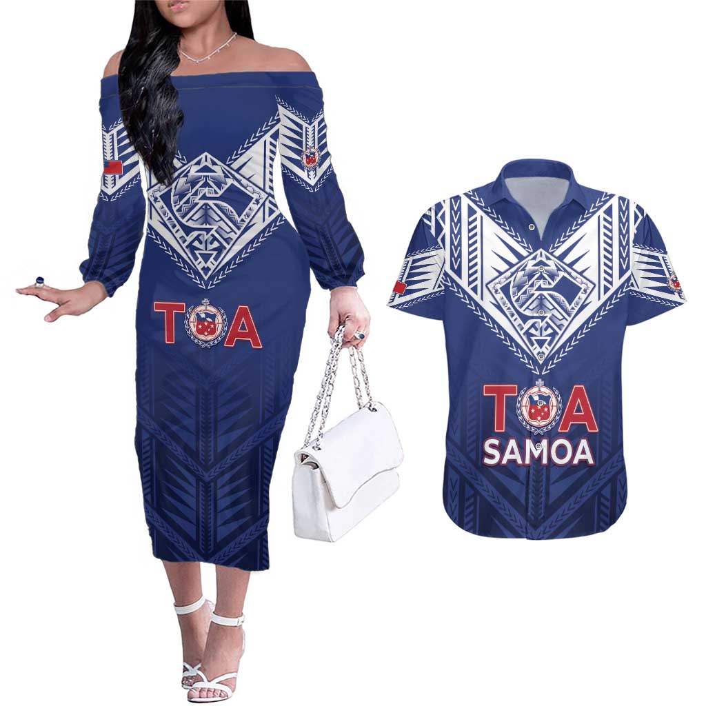 Super Toa Samoa Rugby Custom Couples Matching Off The Shoulder Long Sleeve Dress and Hawaiian Shirt Warrior Spirit LT05
