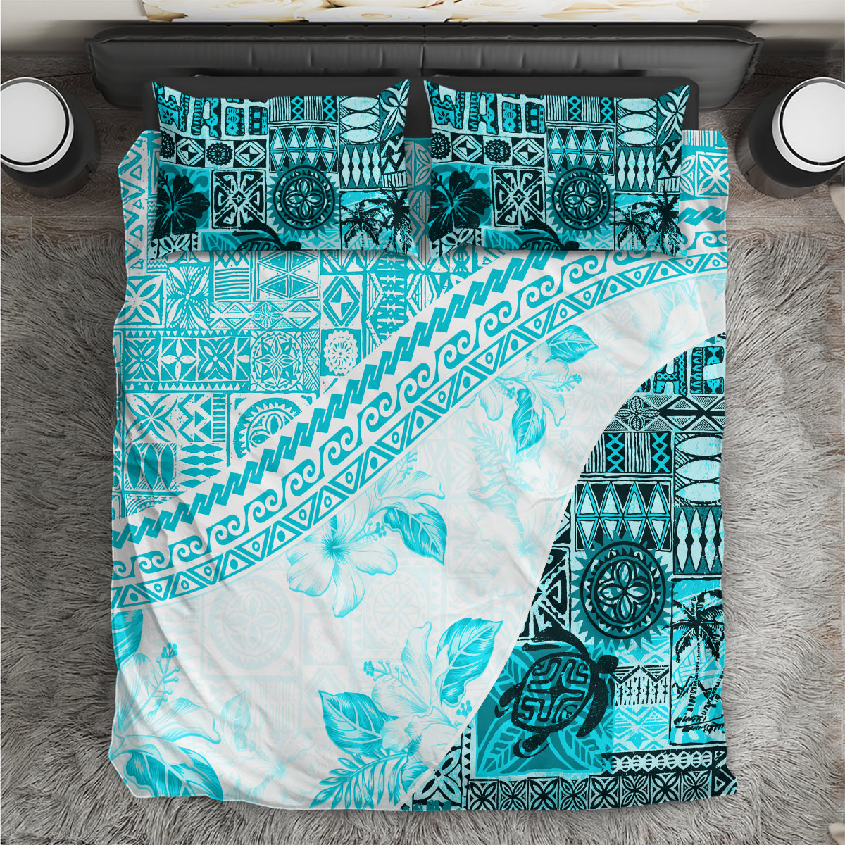 Hawaiian Tapa Bedding Set Traditional Vintage Pattern Aqua LT05 Aqua - Polynesian Pride