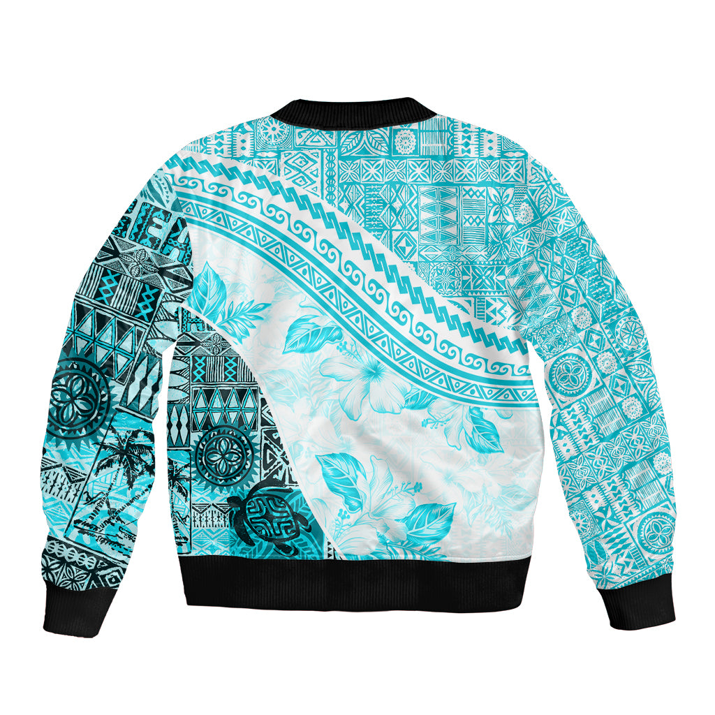 Hawaiian Tapa Bomber Jacket Traditional Vintage Pattern Aqua LT05 - Polynesian Pride