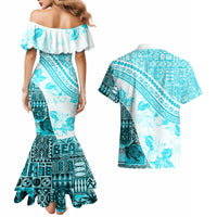 Hawaiian Tapa Couples Matching Mermaid Dress and Hawaiian Shirt Traditional Vintage Pattern Aqua LT05 - Polynesian Pride