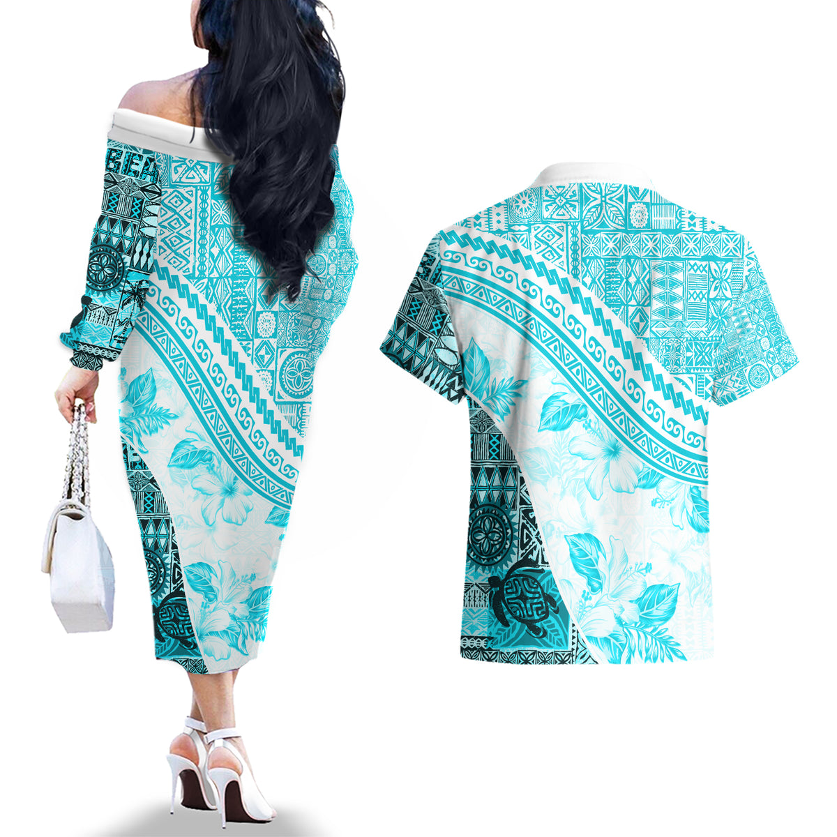 Hawaiian Tapa Couples Matching Off The Shoulder Long Sleeve Dress and Hawaiian Shirt Traditional Vintage Pattern Aqua LT05 - Polynesian Pride