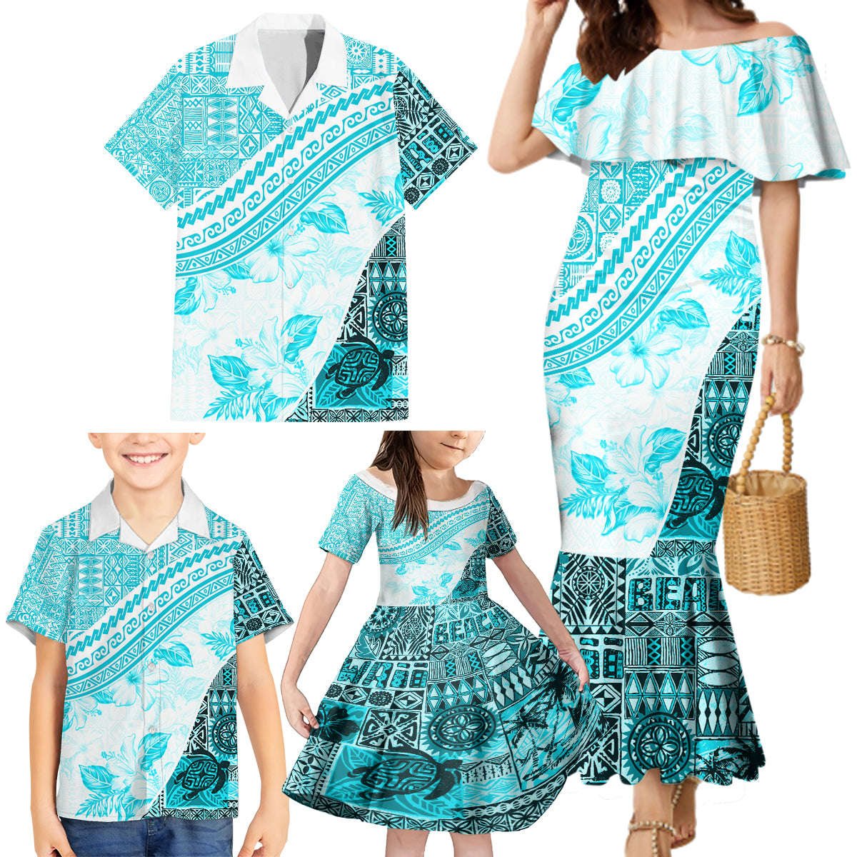 Hawaiian Tapa Family Matching Mermaid Dress and Hawaiian Shirt Traditional Vintage Pattern Aqua LT05 - Polynesian Pride