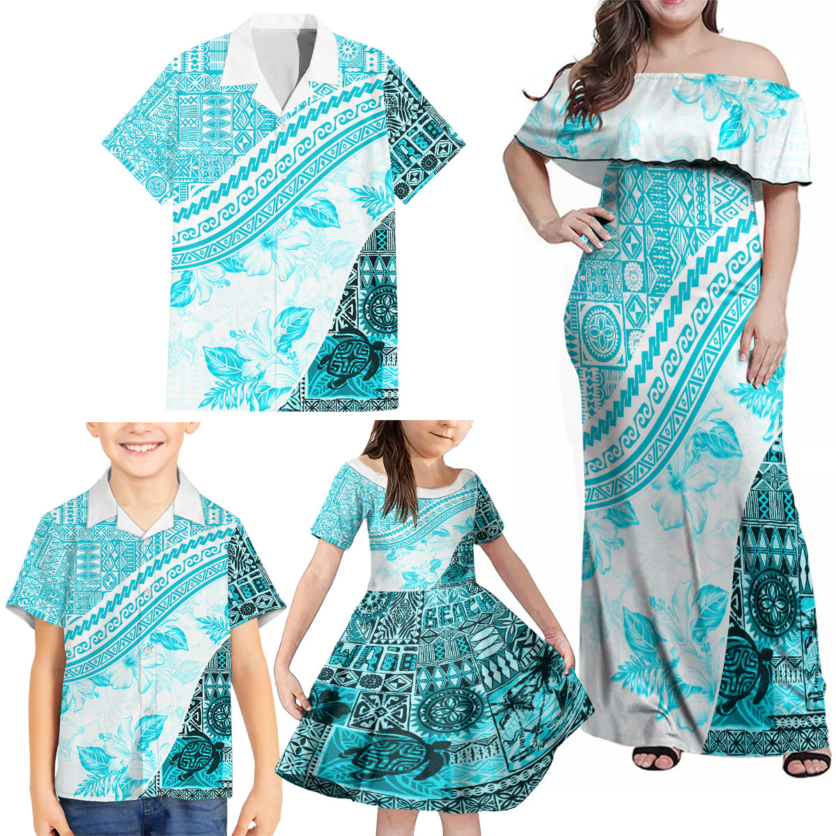 Hawaiian Tapa Family Matching Off Shoulder Maxi Dress and Hawaiian Shirt Traditional Vintage Pattern Aqua LT05 - Polynesian Pride