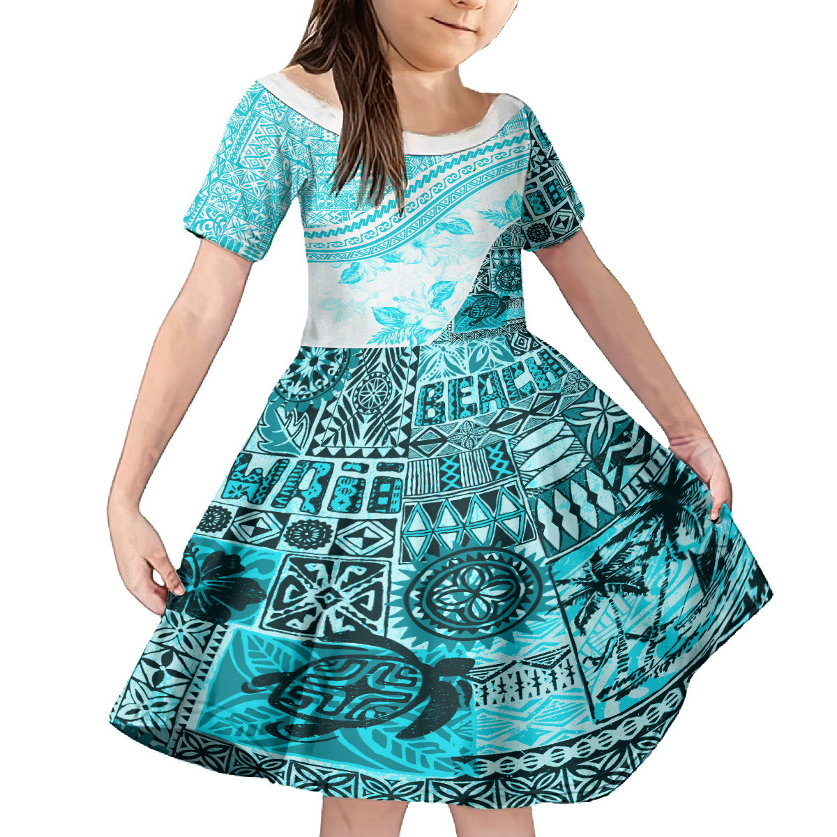 Hawaiian Tapa Family Matching Off Shoulder Short Dress and Hawaiian Shirt Traditional Vintage Pattern Aqua LT05 Daughter's Dress Aqua - Polynesian Pride