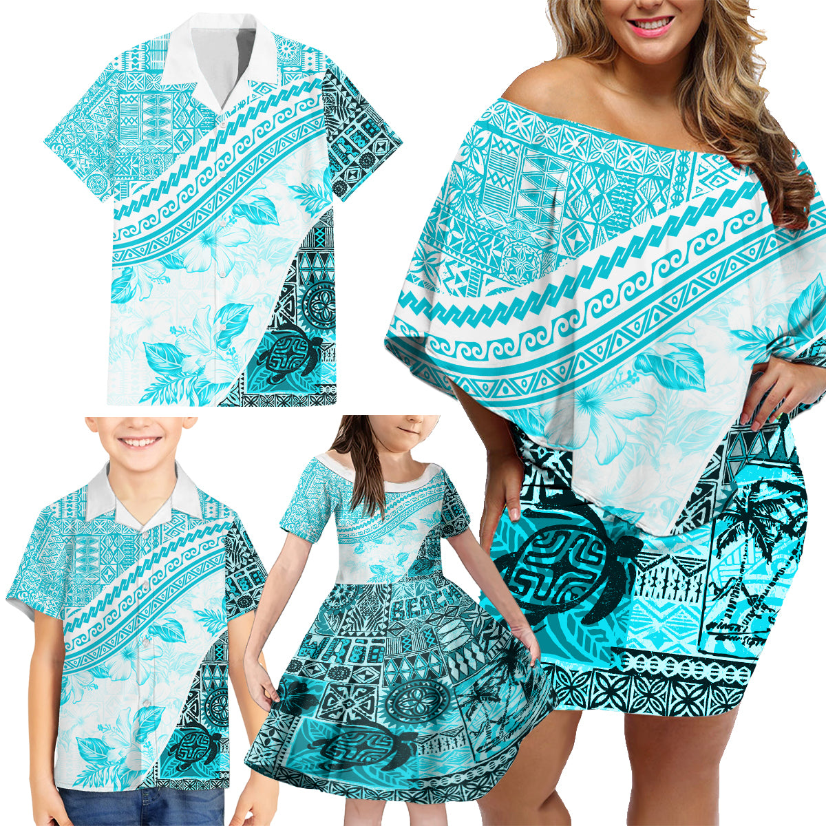 Hawaiian Tapa Family Matching Off Shoulder Short Dress and Hawaiian Shirt Traditional Vintage Pattern Aqua LT05 - Polynesian Pride