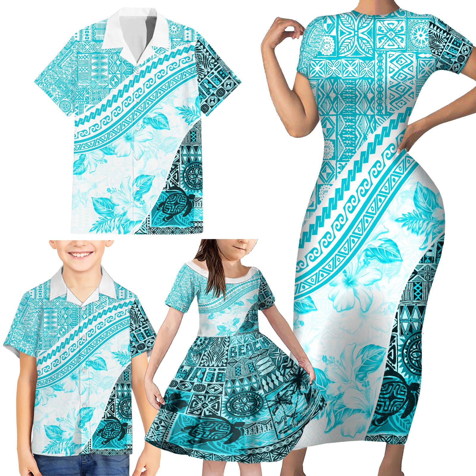 Hawaiian Tapa Family Matching Short Sleeve Bodycon Dress and Hawaiian Shirt Traditional Vintage Pattern Aqua LT05 - Polynesian Pride