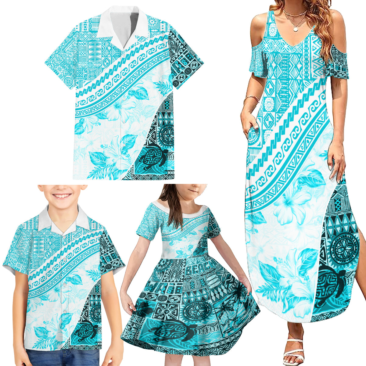 Hawaiian Tapa Family Matching Summer Maxi Dress and Hawaiian Shirt Traditional Vintage Pattern Aqua LT05 - Polynesian Pride