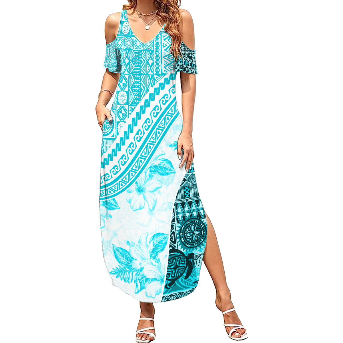 Hawaiian Tapa Family Matching Summer Maxi Dress and Hawaiian Shirt Traditional Vintage Pattern Aqua LT05 Mom's Dress Aqua - Polynesian Pride