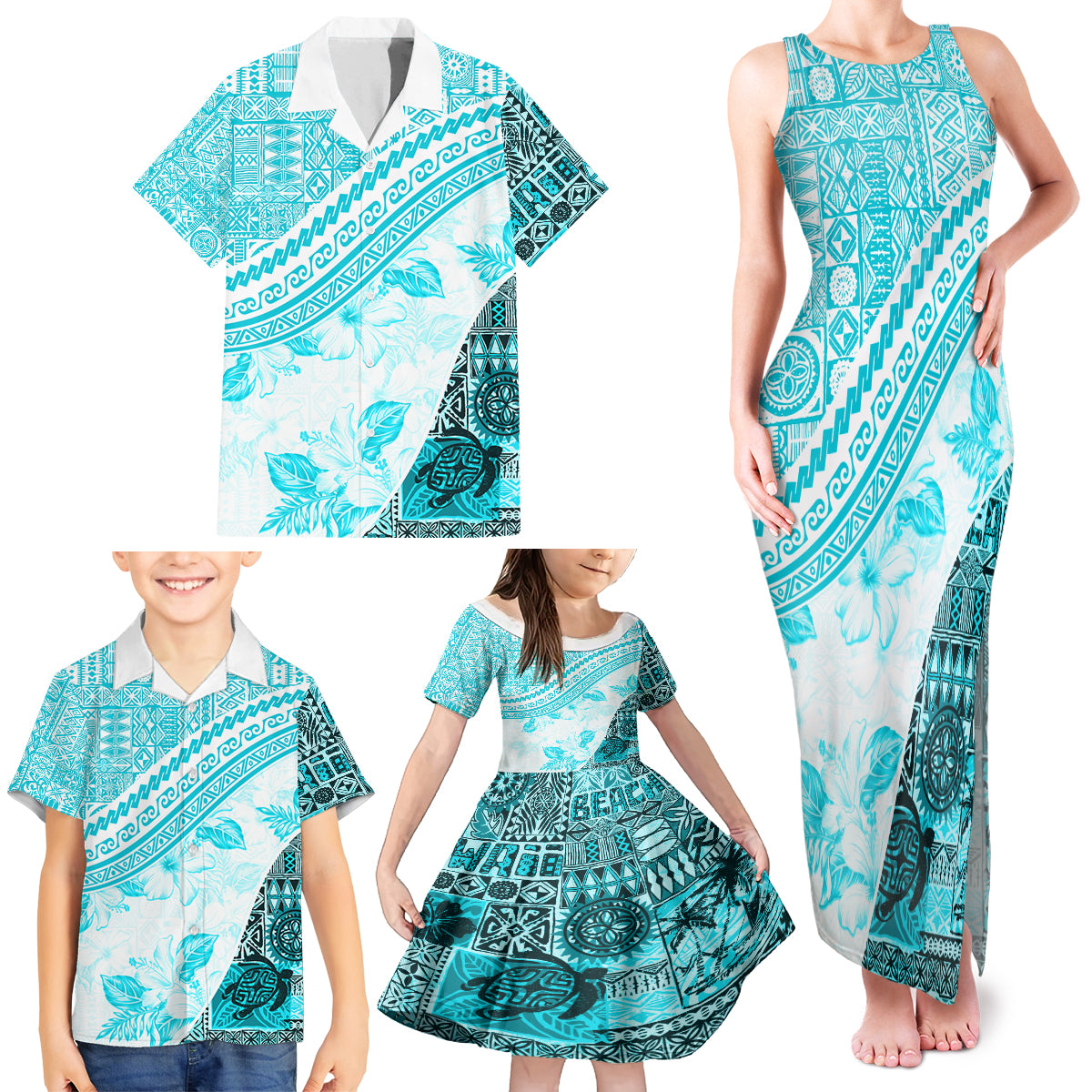 Hawaiian Tapa Family Matching Tank Maxi Dress and Hawaiian Shirt Traditional Vintage Pattern Aqua LT05 - Polynesian Pride