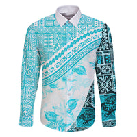 Hawaiian Tapa Family Matching Tank Maxi Dress and Hawaiian Shirt Traditional Vintage Pattern Aqua LT05 Dad's Shirt - Long Sleeve Aqua - Polynesian Pride