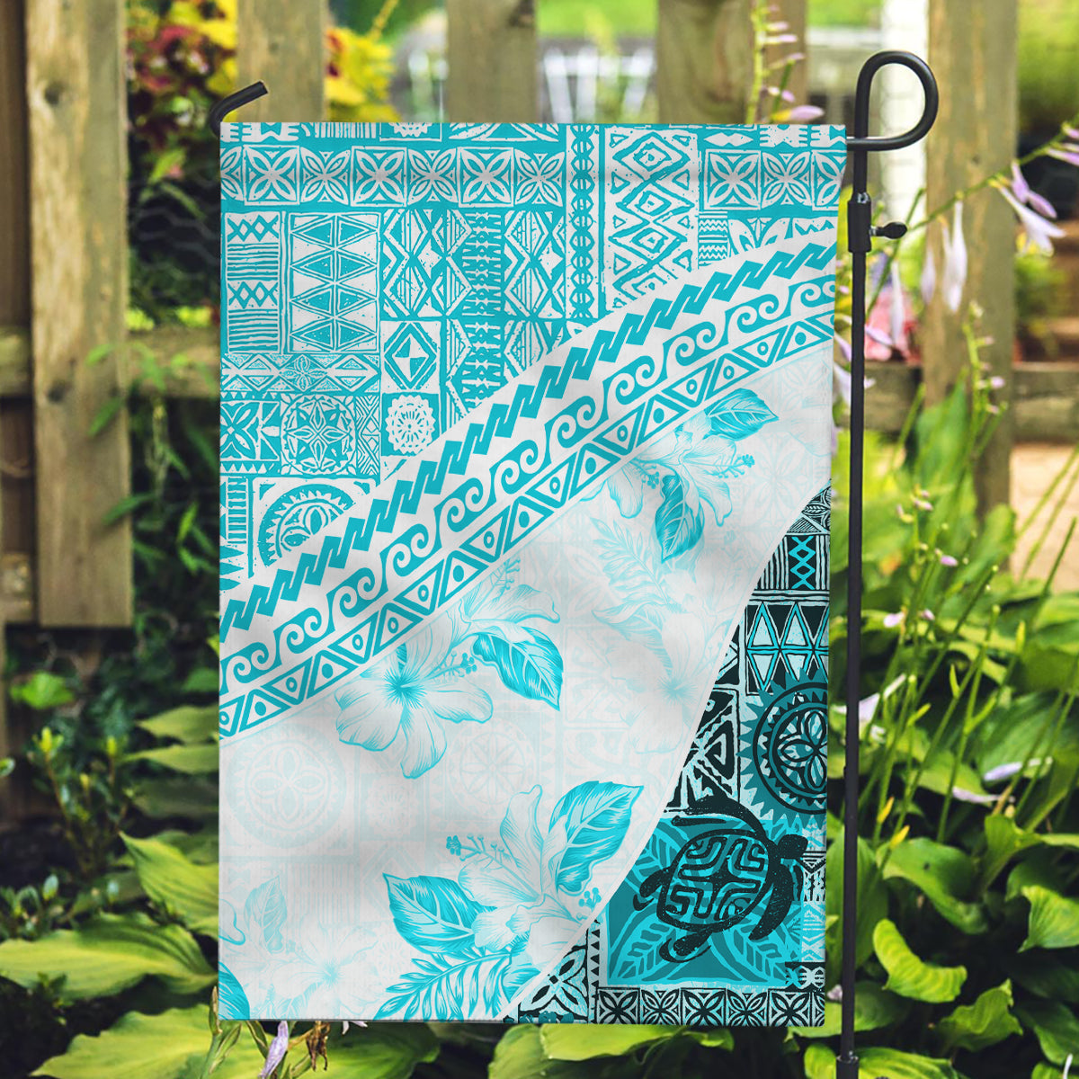 Hawaiian Tapa Garden Flag Traditional Vintage Pattern Aqua LT05 Garden Flag Aqua - Polynesian Pride