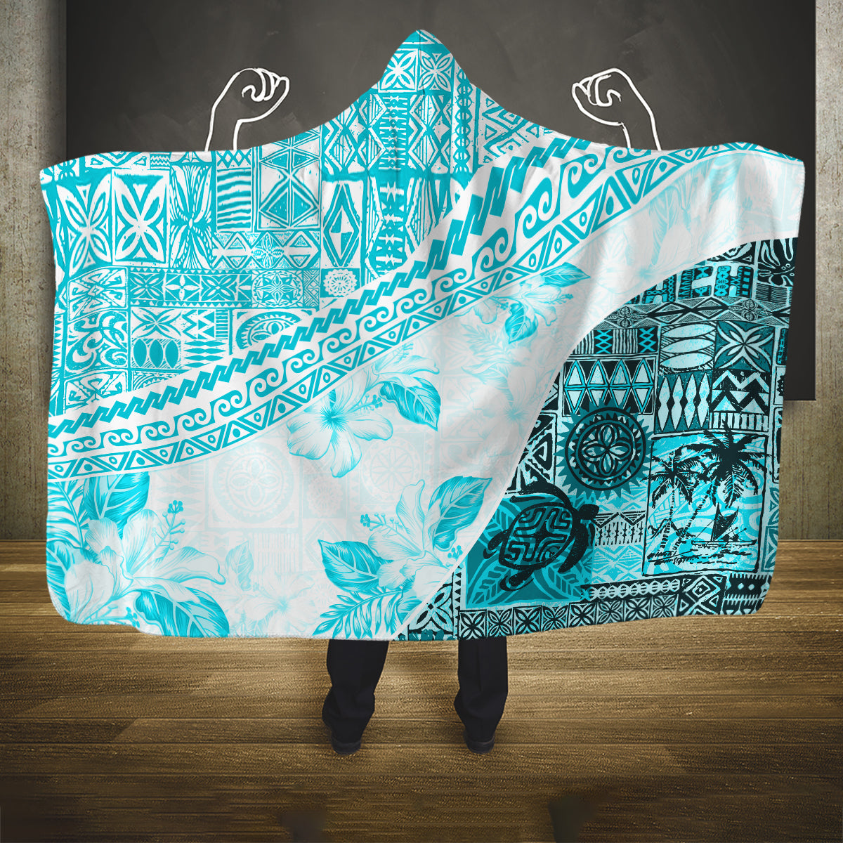 Hawaiian Tapa Hooded Blanket Traditional Vintage Pattern Aqua LT05 One Size Aqua - Polynesian Pride