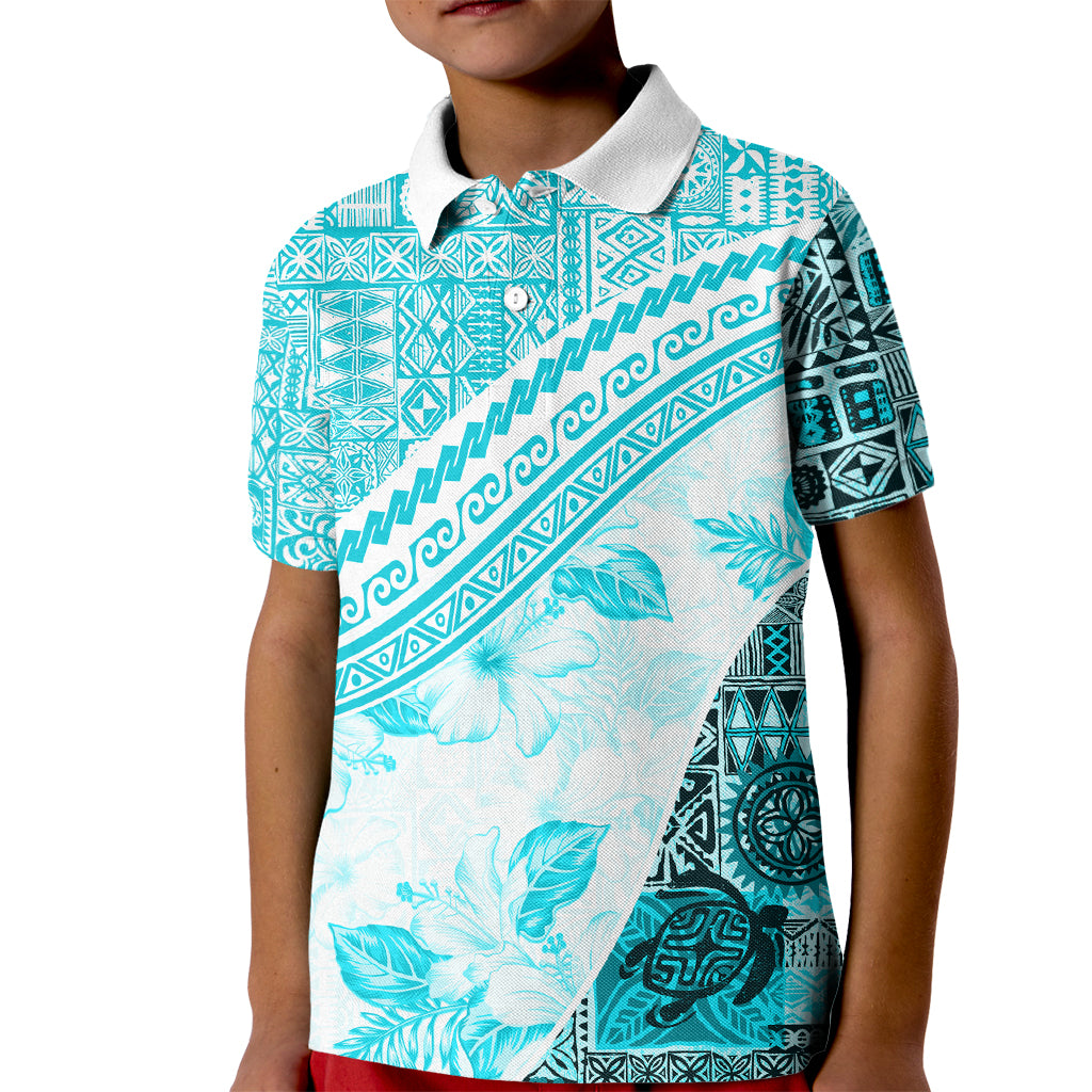 Hawaiian Tapa Kid Polo Shirt Traditional Vintage Pattern Aqua LT05 Kid Aqua - Polynesian Pride