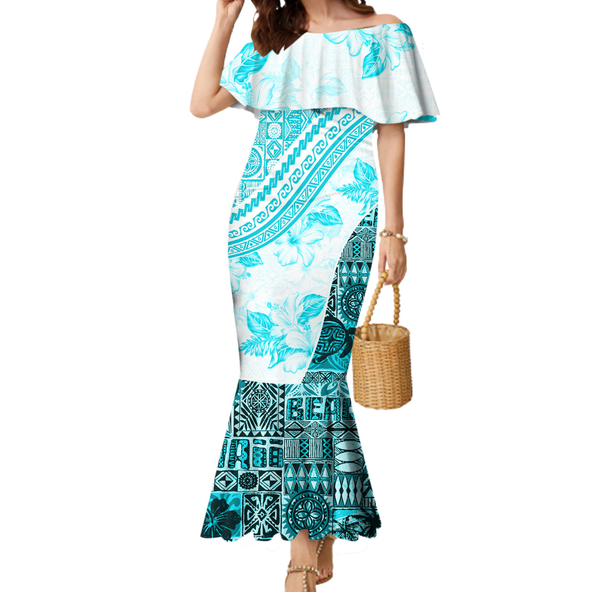 Hawaiian Tapa Mermaid Dress Traditional Vintage Pattern Aqua LT05 Women Aqua - Polynesian Pride