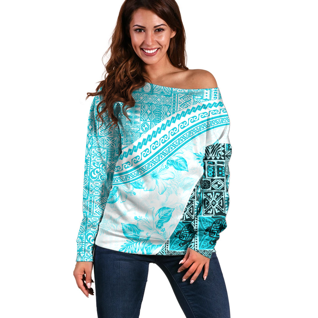 Hawaiian Tapa Off Shoulder Sweater Traditional Vintage Pattern Aqua LT05 Women Aqua - Polynesian Pride