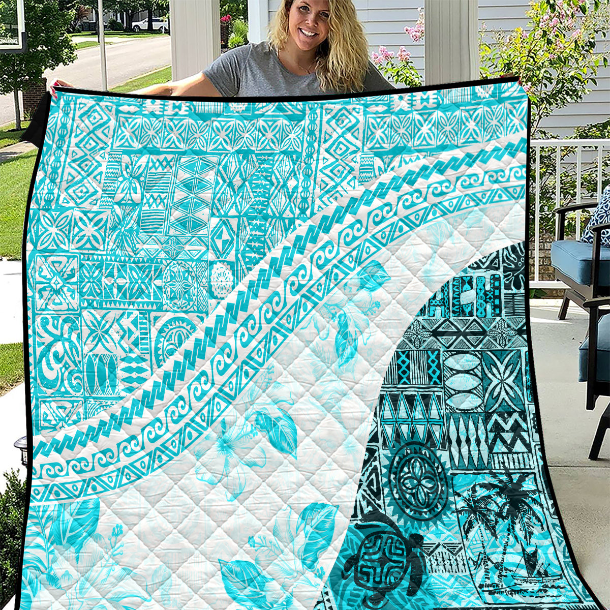 Hawaiian Tapa Quilt Traditional Vintage Pattern Aqua LT05 Aqua - Polynesian Pride