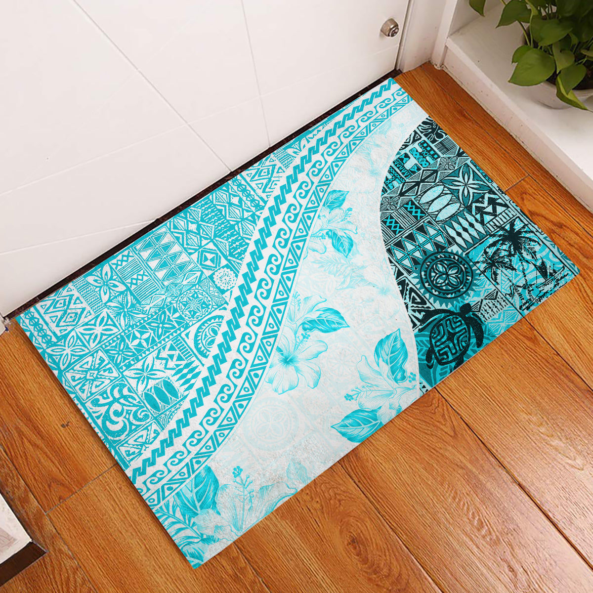 Hawaiian Tapa Rubber Doormat Traditional Vintage Pattern Aqua LT05 Aqua - Polynesian Pride