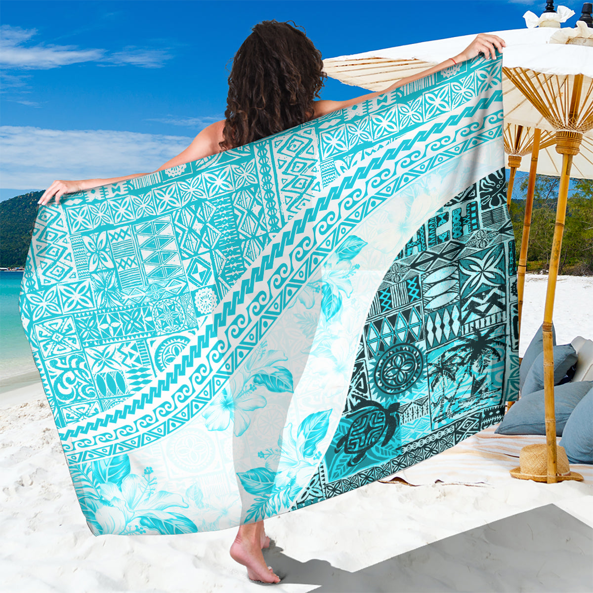 Hawaiian Tapa Sarong Traditional Vintage Pattern Aqua LT05 One Size 44 x 66 inches Aqua - Polynesian Pride