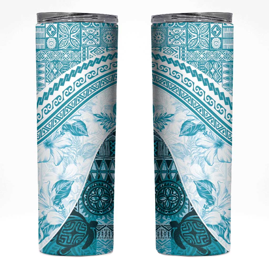 Hawaiian Tapa Skinny Tumbler Traditional Vintage Pattern Aqua