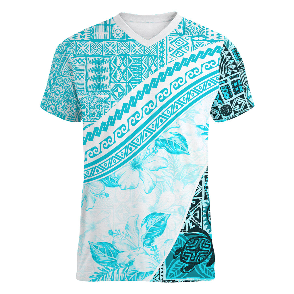 Hawaiian Tapa Women V Neck T Shirt Traditional Vintage Pattern Aqua LT05 Female Aqua - Polynesian Pride