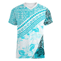 Hawaiian Tapa Women V Neck T Shirt Traditional Vintage Pattern Aqua LT05 Female Aqua - Polynesian Pride