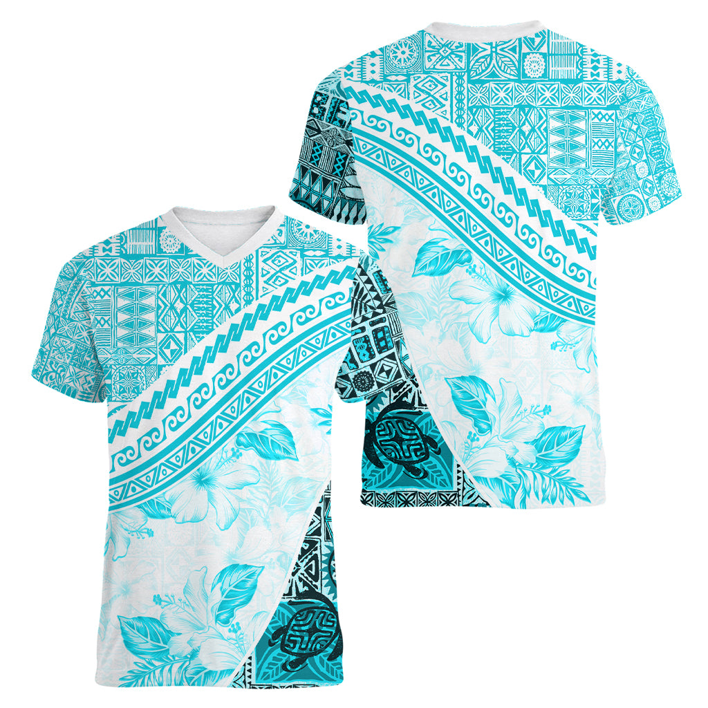 Hawaiian Tapa Women V Neck T Shirt Traditional Vintage Pattern Aqua LT05 - Polynesian Pride