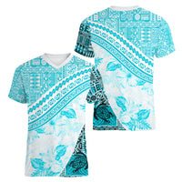 Hawaiian Tapa Women V Neck T Shirt Traditional Vintage Pattern Aqua LT05 - Polynesian Pride