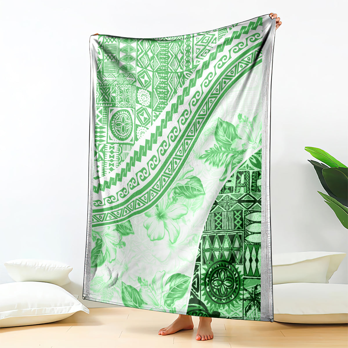 Hawaiian Tapa Blanket Traditional Vintage Pattern Green LT05 Green - Polynesian Pride