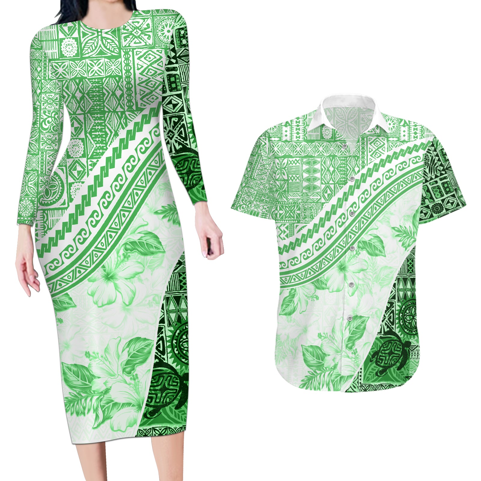 Hawaiian Tapa Couples Matching Long Sleeve Bodycon Dress and Hawaiian Shirt Traditional Vintage Pattern Green LT05 Green - Polynesian Pride