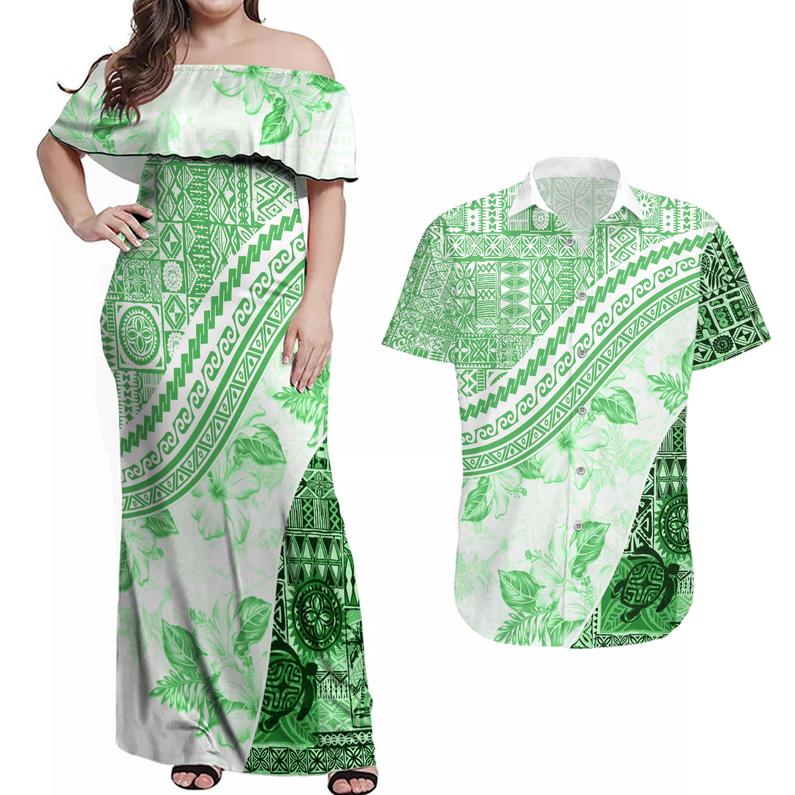 Hawaiian Tapa Couples Matching Off Shoulder Maxi Dress and Hawaiian Shirt Traditional Vintage Pattern Green LT05 Green - Polynesian Pride