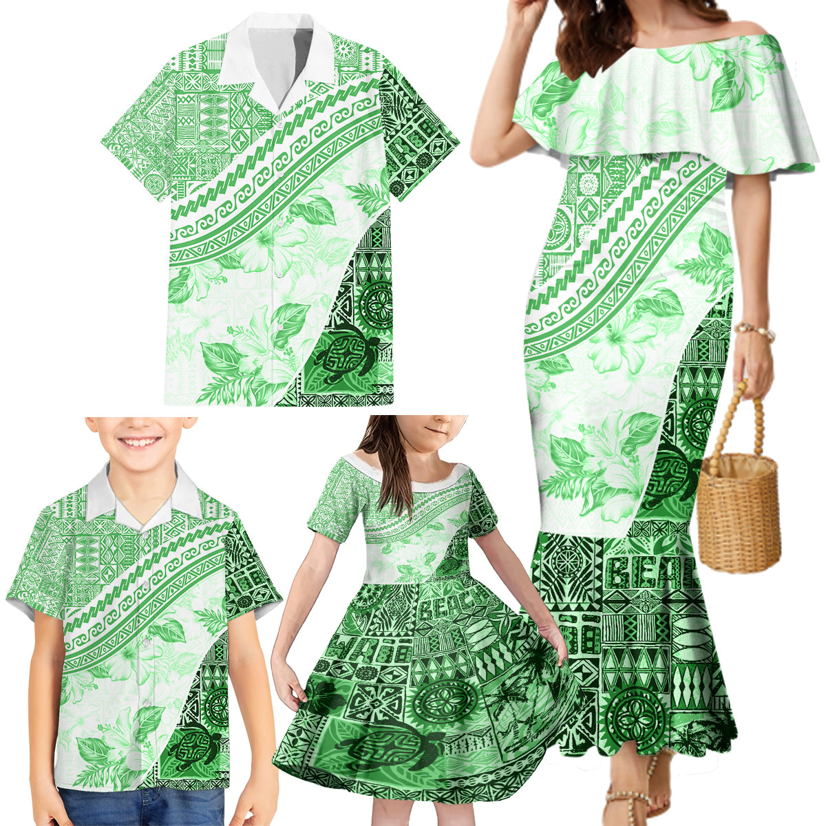 Hawaiian Tapa Family Matching Mermaid Dress and Hawaiian Shirt Traditional Vintage Pattern Green LT05 - Polynesian Pride