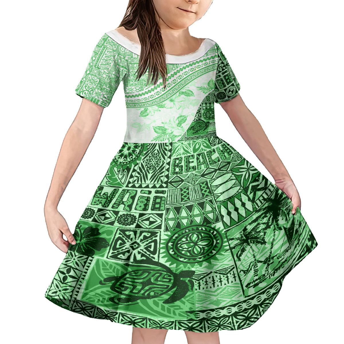 Hawaiian Tapa Family Matching Off Shoulder Long Sleeve Dress and Hawaiian Shirt Traditional Vintage Pattern Green LT05 Daughter's Dress Green - Polynesian Pride