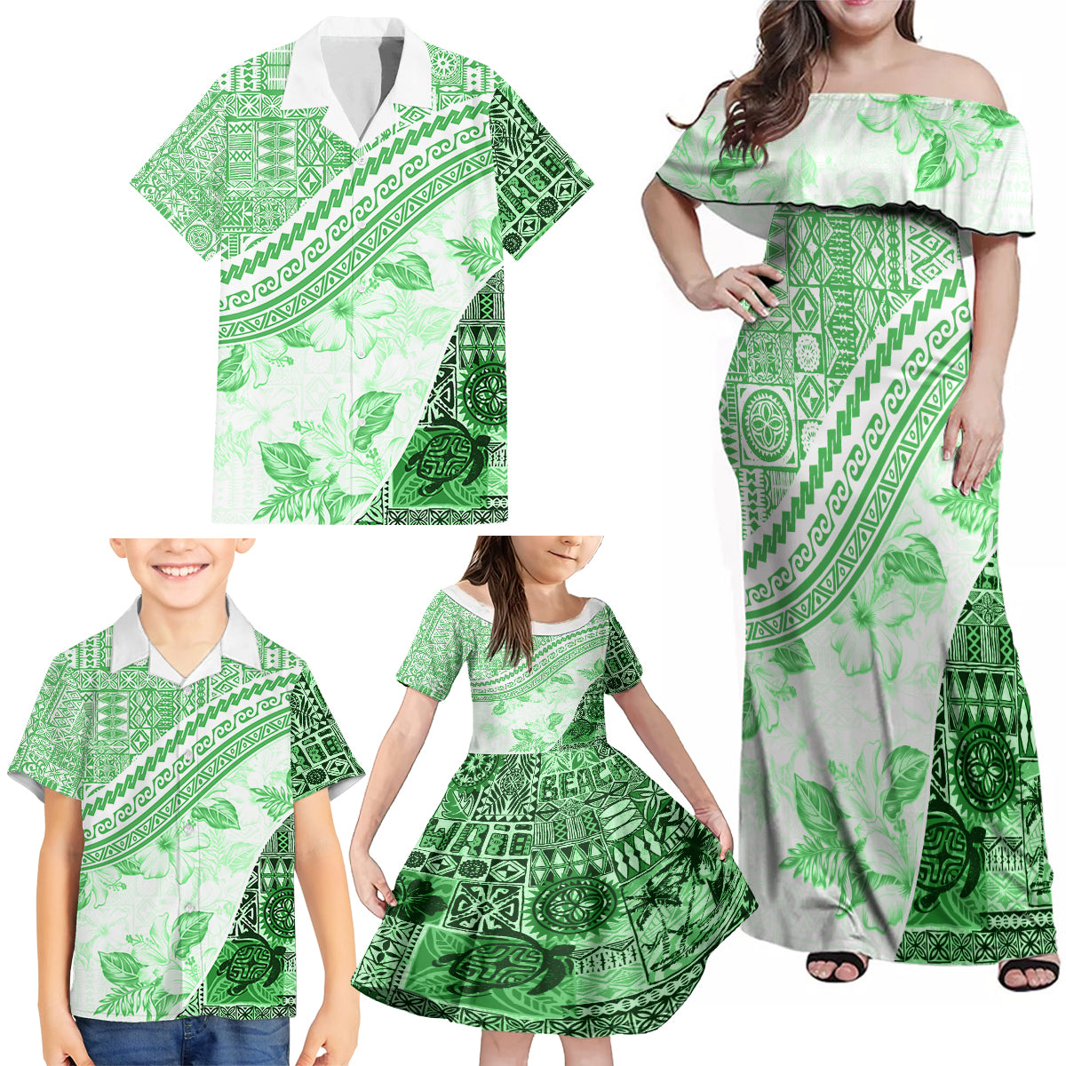 Hawaiian Tapa Family Matching Off Shoulder Maxi Dress and Hawaiian Shirt Traditional Vintage Pattern Green LT05 - Polynesian Pride