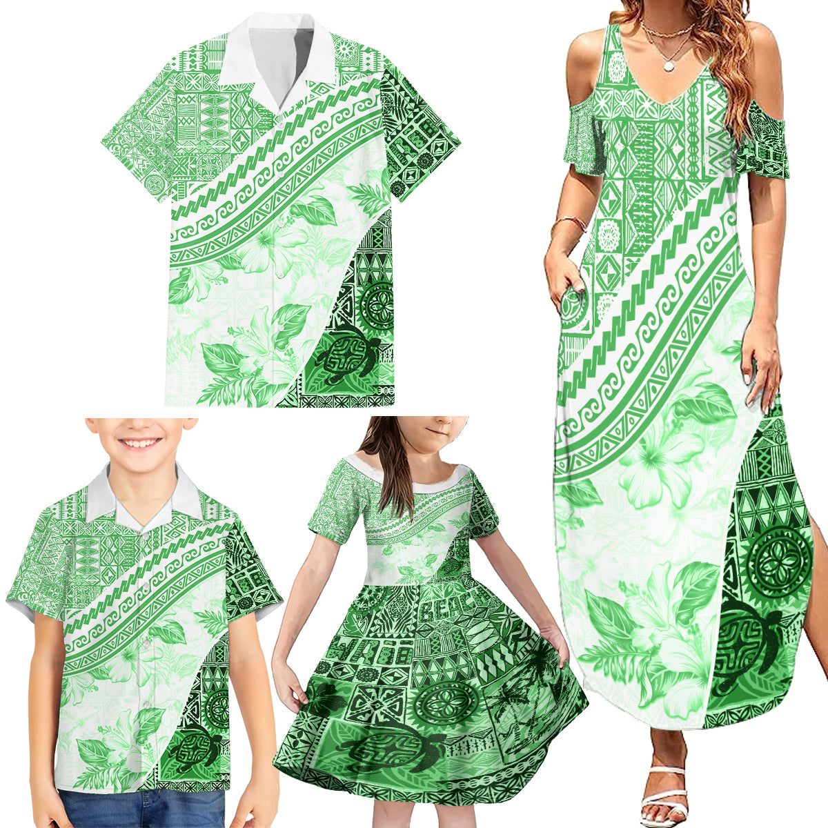 Hawaiian Tapa Family Matching Summer Maxi Dress and Hawaiian Shirt Traditional Vintage Pattern Green LT05 - Polynesian Pride