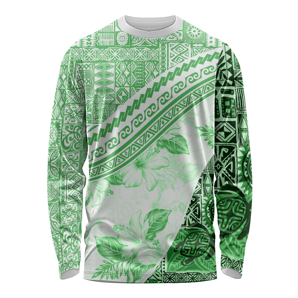 Hawaiian Tapa Long Sleeve Shirt Traditional Vintage Pattern Green LT05 Unisex Green - Polynesian Pride