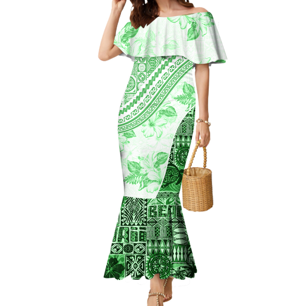 Hawaiian Tapa Mermaid Dress Traditional Vintage Pattern Green LT05 Women Green - Polynesian Pride