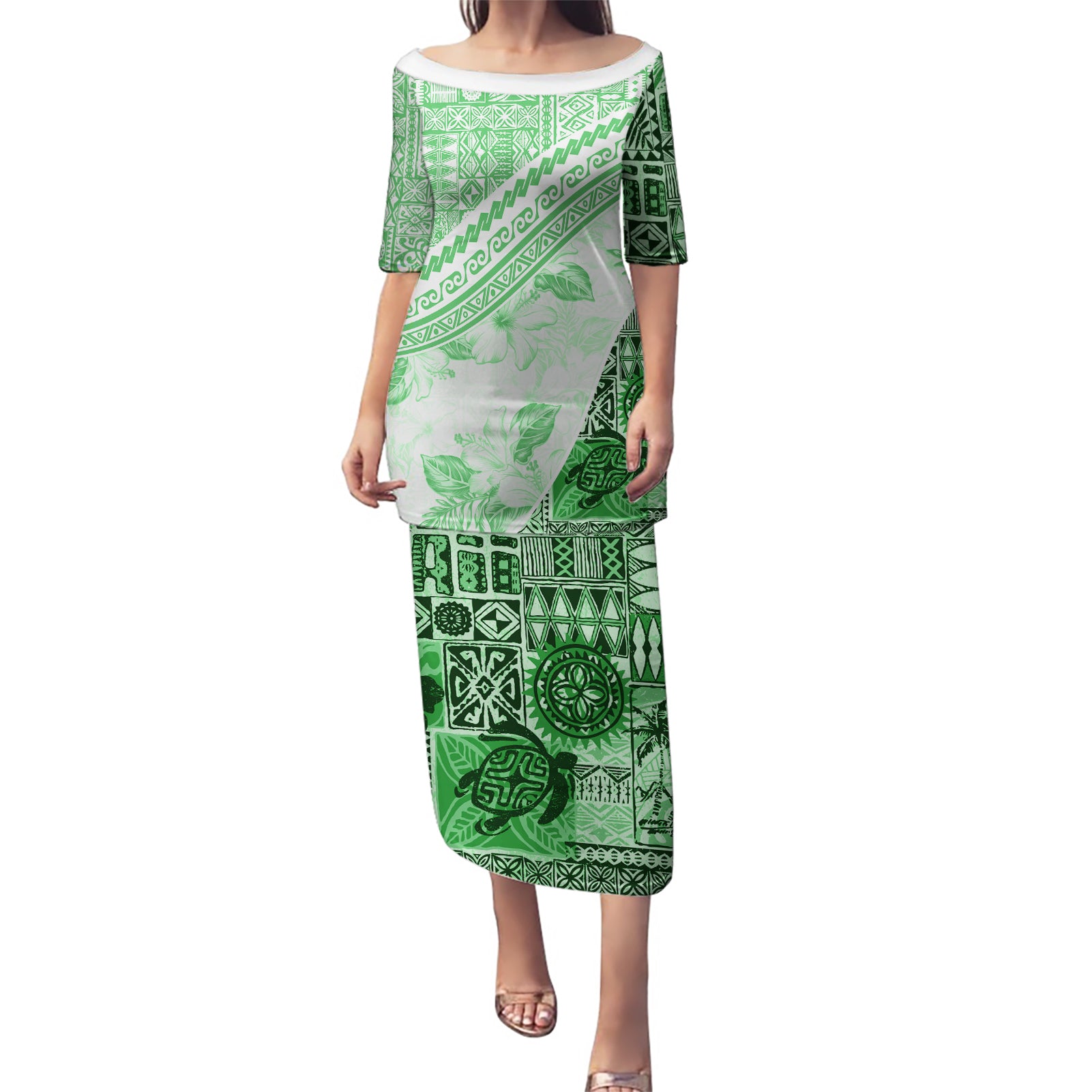 Hawaiian Tapa Puletasi Traditional Vintage Pattern Green LT05 Long Dress Green - Polynesian Pride