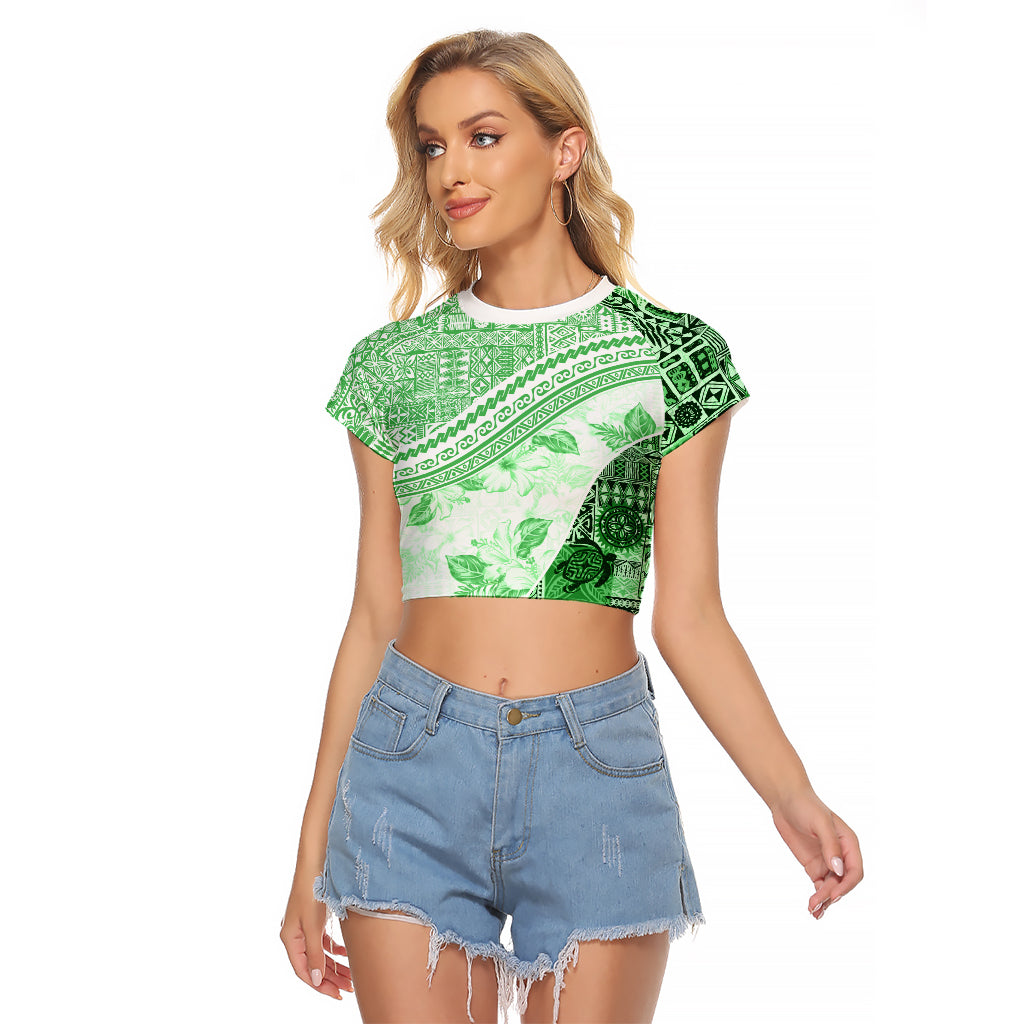 Hawaiian Tapa Raglan Cropped T Shirt Traditional Vintage Pattern Green LT05 Female Green - Polynesian Pride