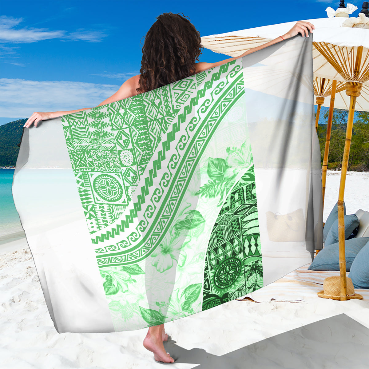 Hawaiian Tapa Sarong Traditional Vintage Pattern Green LT05 One Size 44 x 66 inches Green - Polynesian Pride