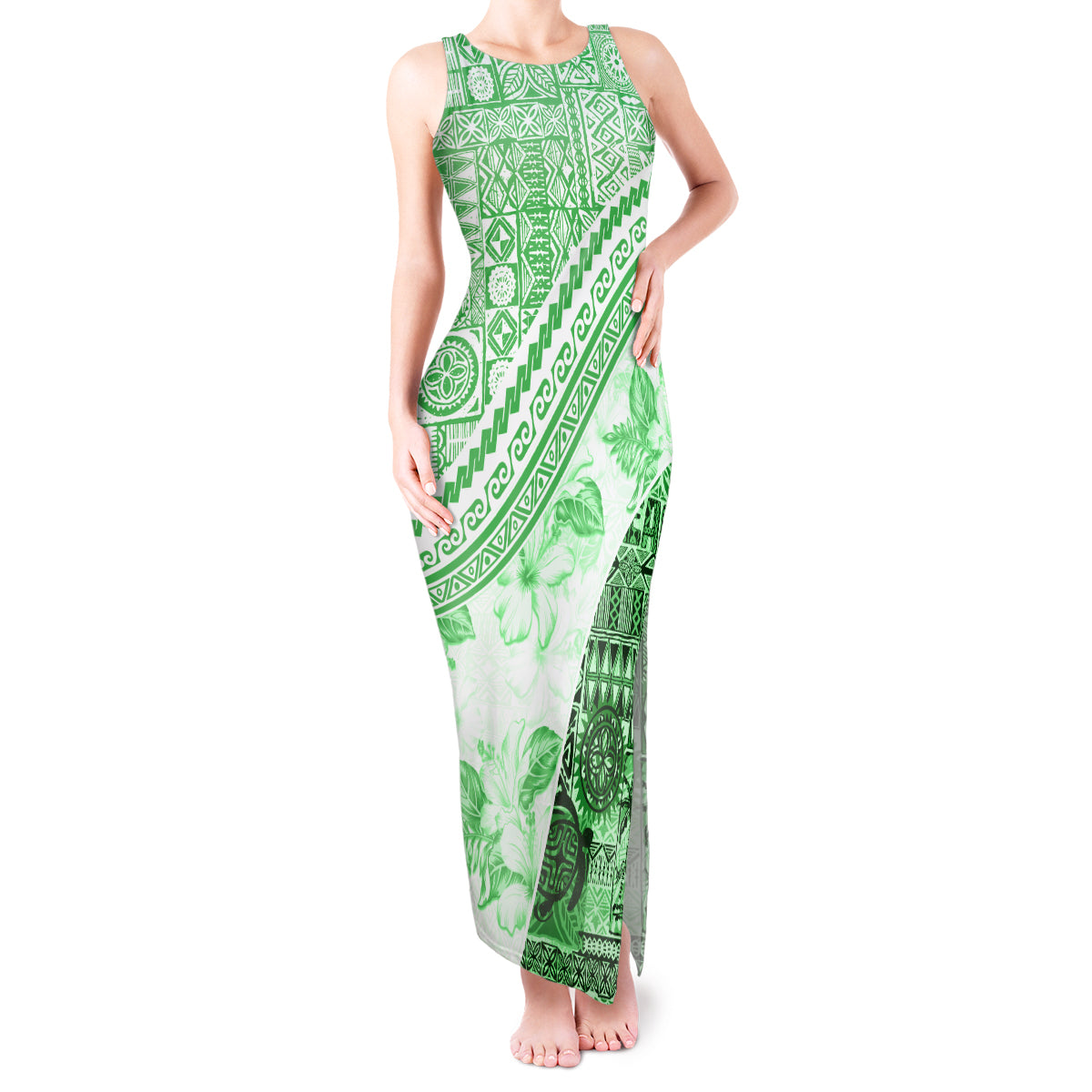 Hawaiian Tapa Tank Maxi Dress Traditional Vintage Pattern Green LT05 Women Green - Polynesian Pride