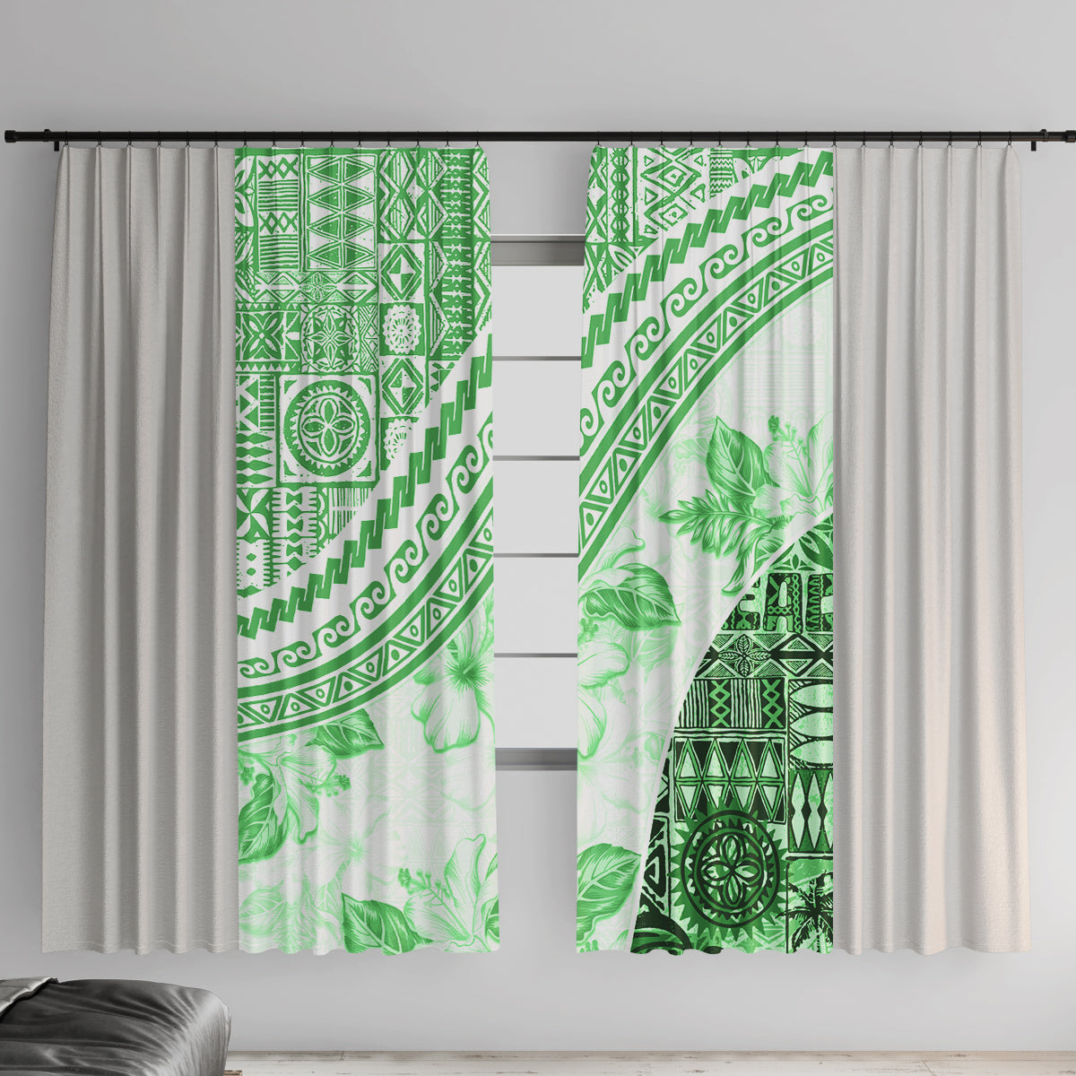 Hawaiian Tapa Window Curtain Traditional Vintage Pattern Green LT05 With Hooks Green - Polynesian Pride