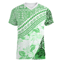 Hawaiian Tapa Women V Neck T Shirt Traditional Vintage Pattern Green LT05 Female Green - Polynesian Pride