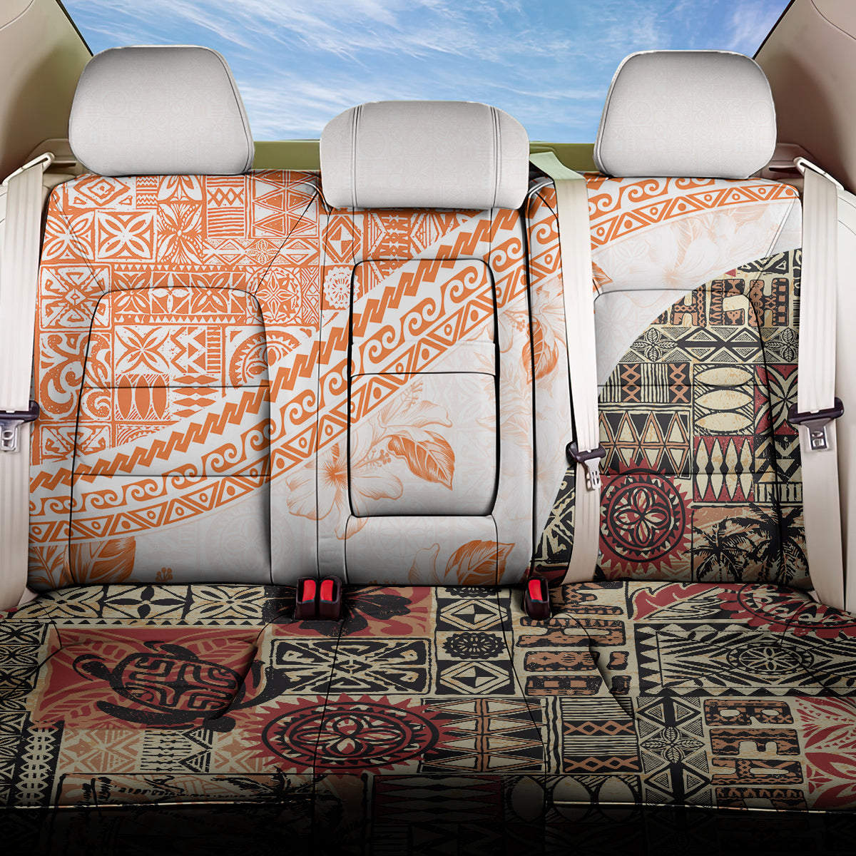 Hawaiian Tapa Back Car Seat Cover Traditional Vintage Pattern Orange LT05 One Size Orange - Polynesian Pride