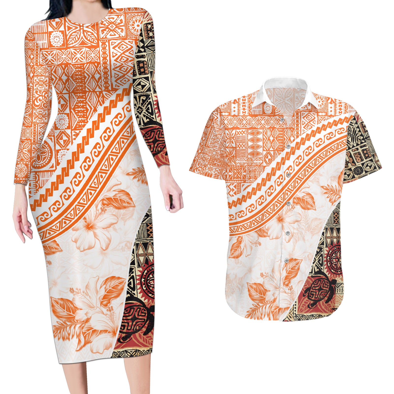 Hawaiian Tapa Couples Matching Long Sleeve Bodycon Dress and Hawaiian Shirt Traditional Vintage Pattern Orange LT05 Orange - Polynesian Pride